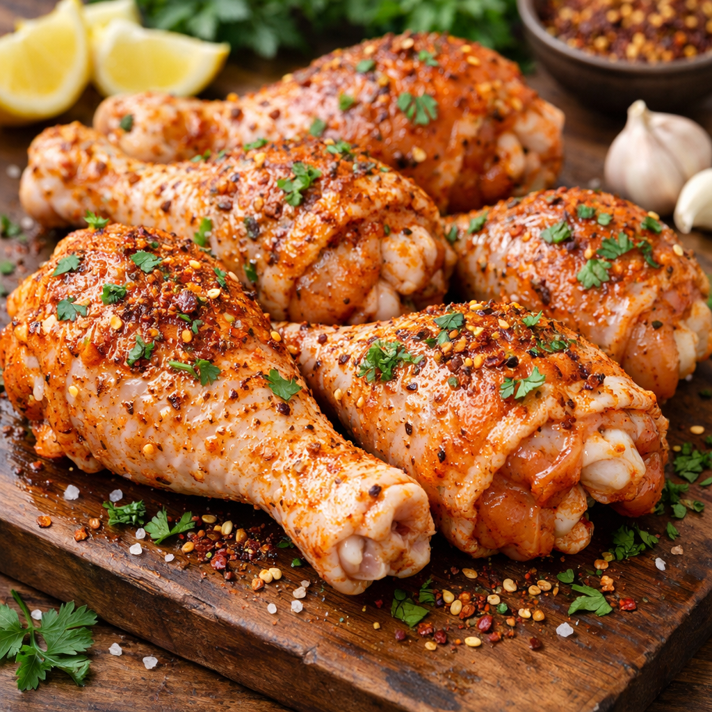 Spiced chicken drumsticks on a wooden board with herbs and spices.