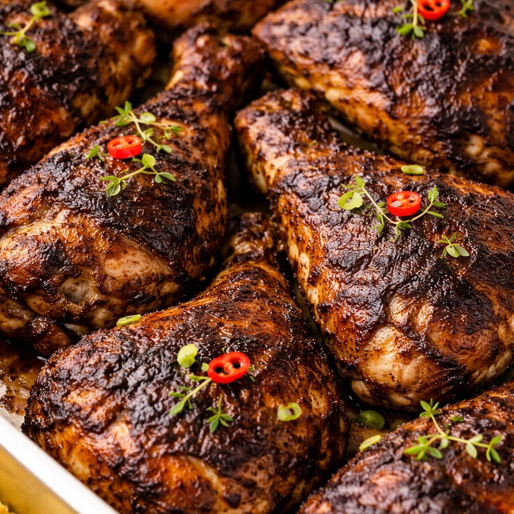 Baked jerk chicken thighs with red peppers and herbs in a white dish