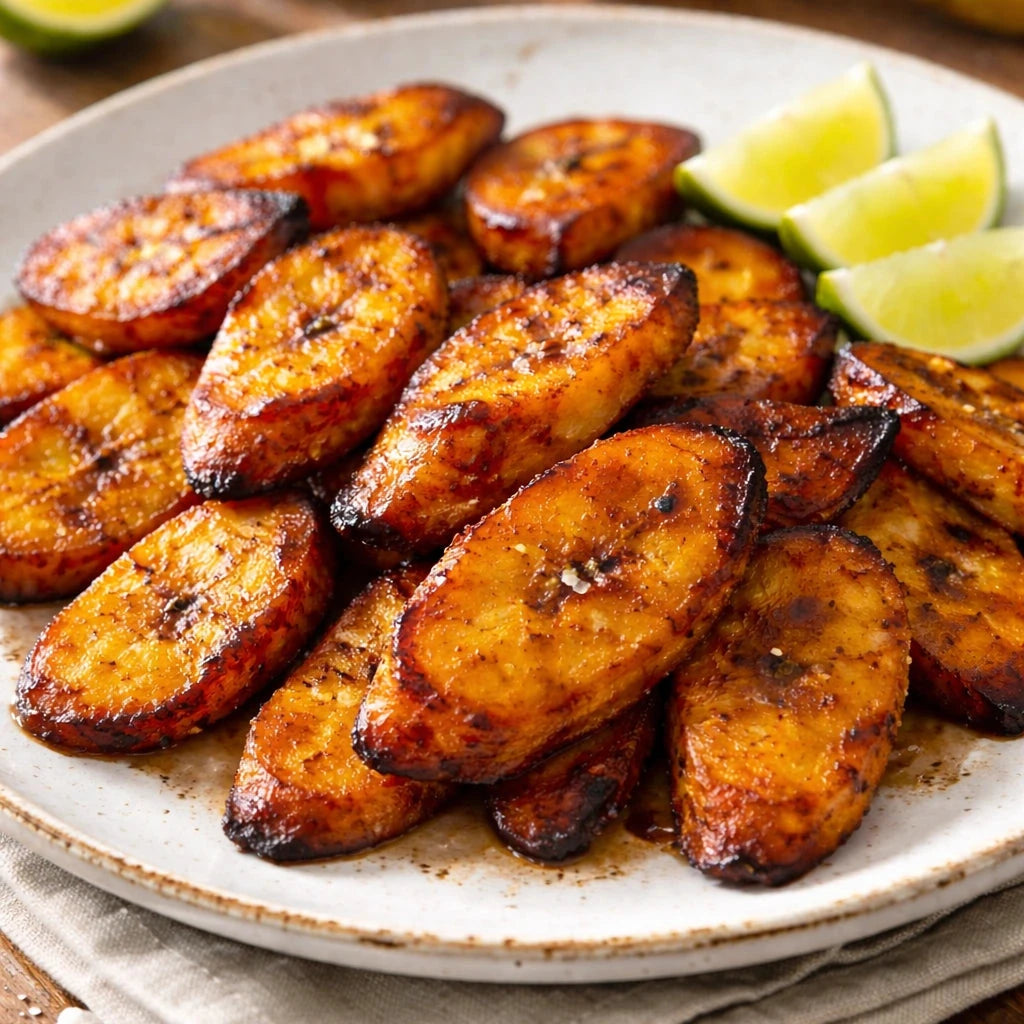 a plate of freshly fried golden brown plantain