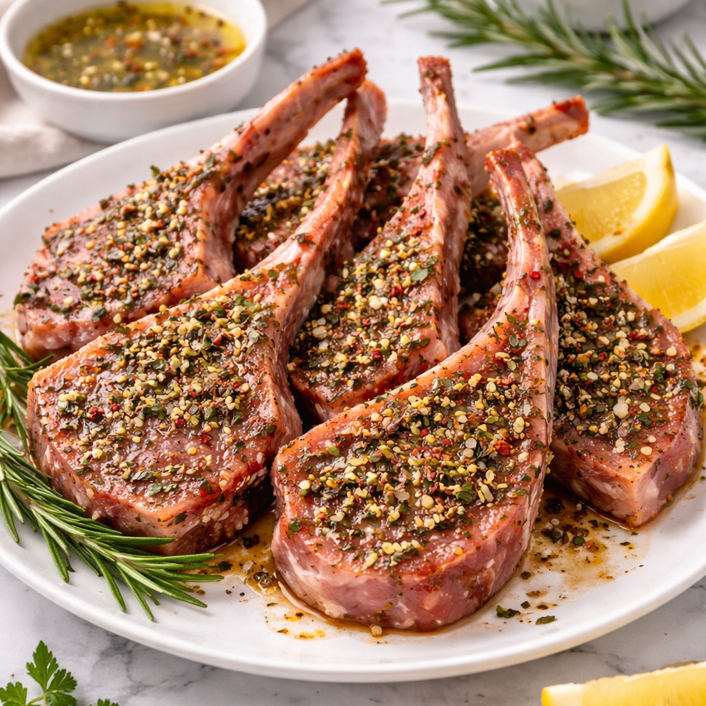 Seasoned lamb chops on a plate with lemon wedges and herbs on a marble surface.