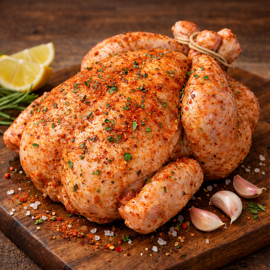 raw and Seasoned whole chicken