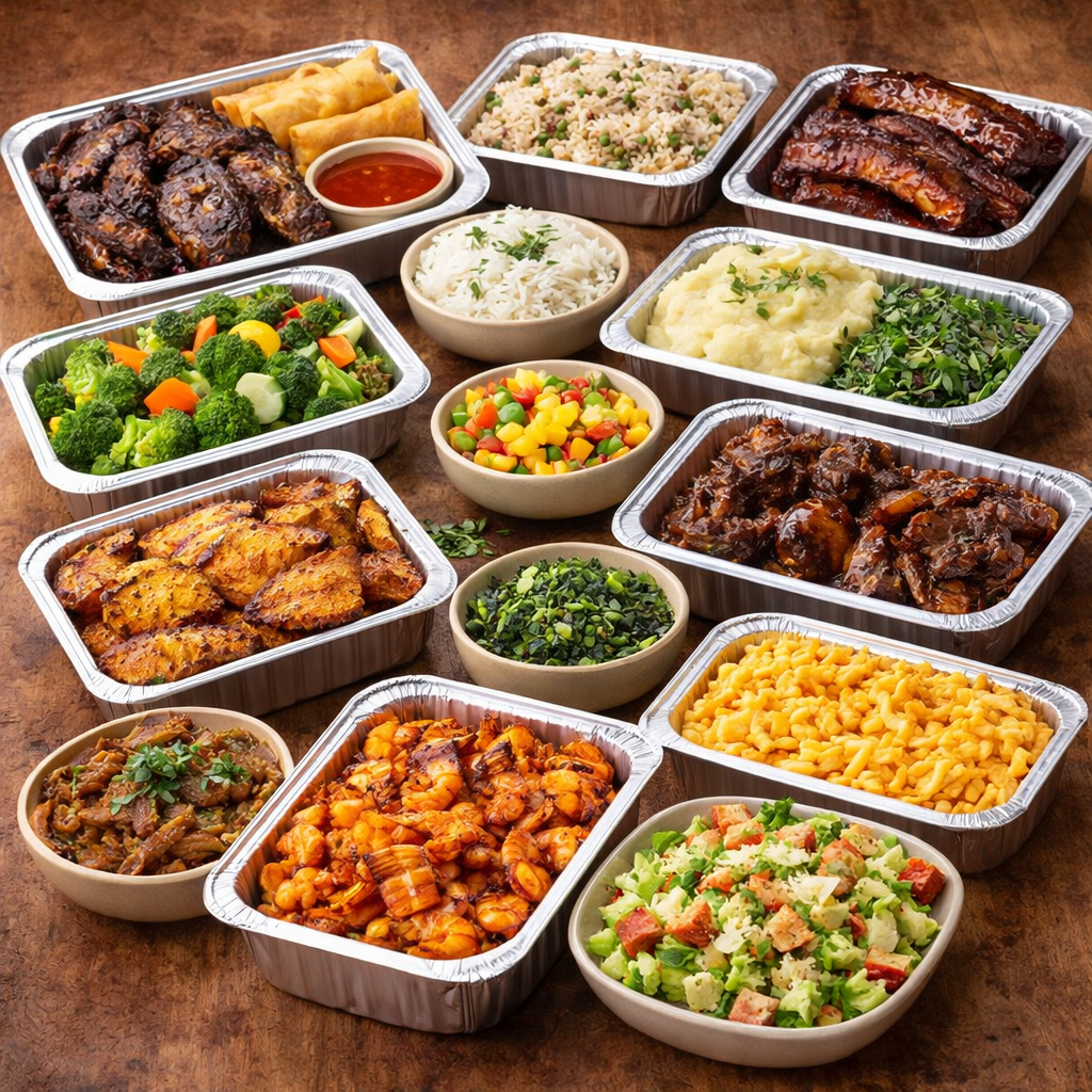 Assorted food items in metal containers on a wooden surface