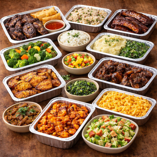 Assorted food items in metal containers on a wooden surface