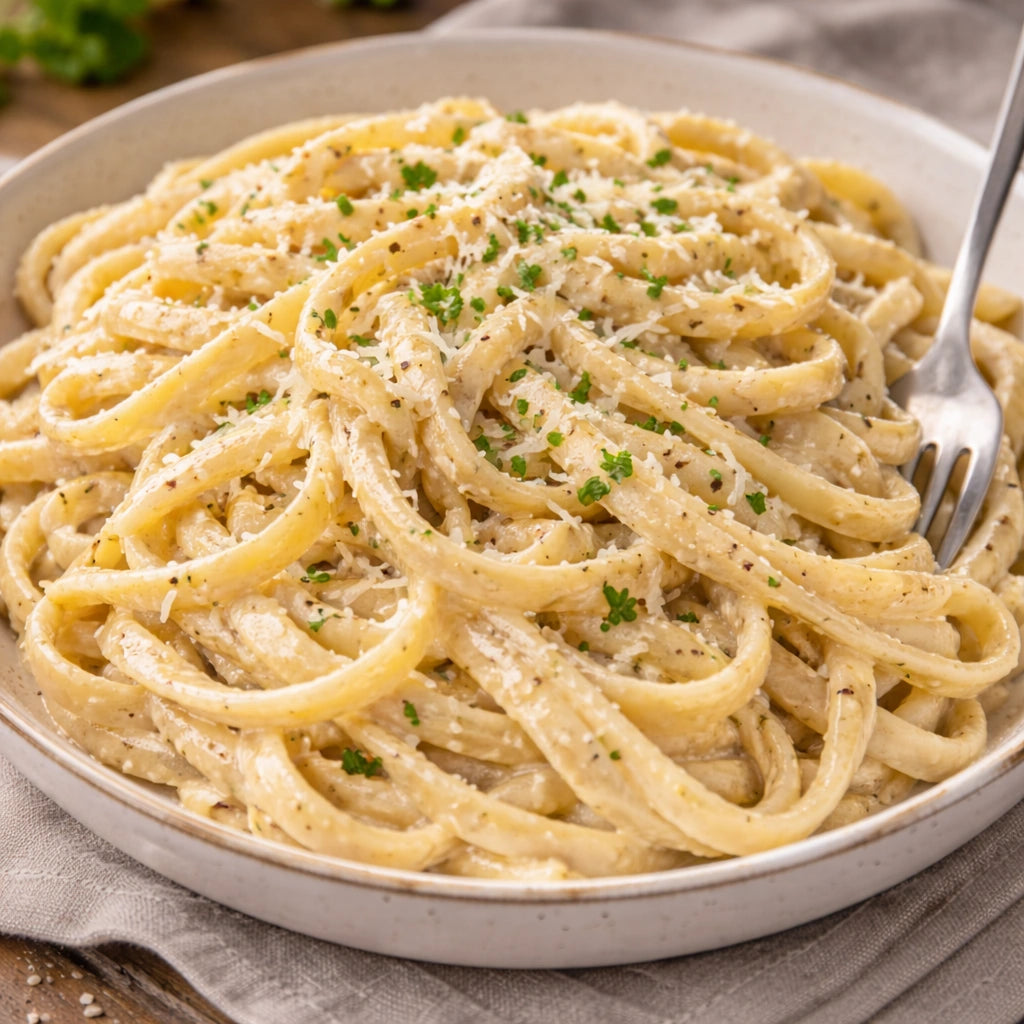 Platter of pasta with a fork on a wooden surface