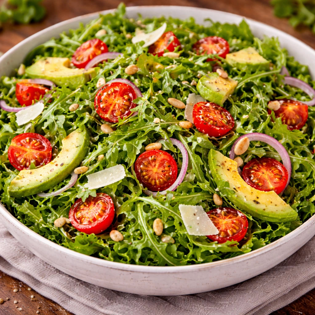 Green salad with tomatoes, avocado, and onions in a white bowl on a wooden surface.
