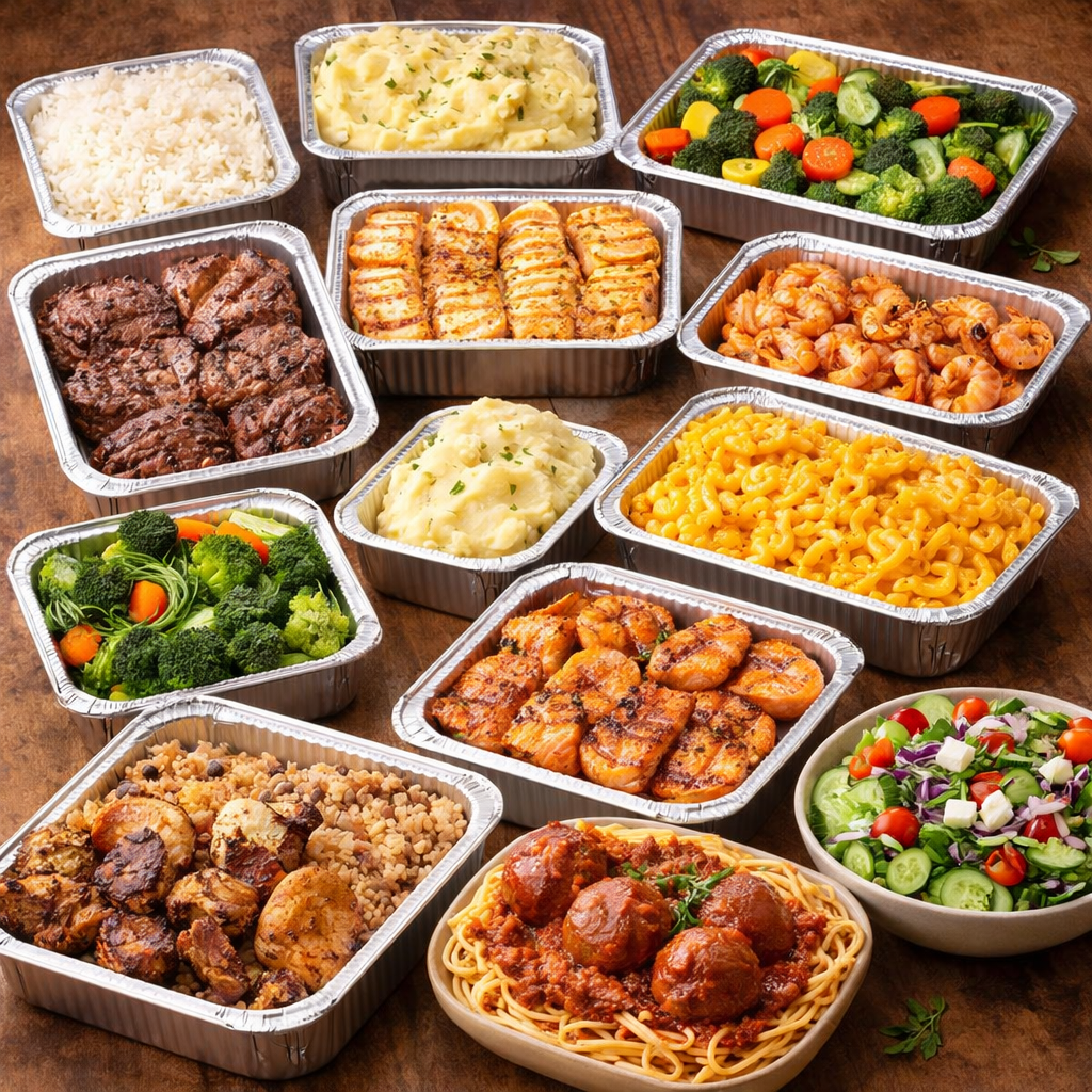 Assorted pre-prepared meals in tins and bowls on a wooden surface