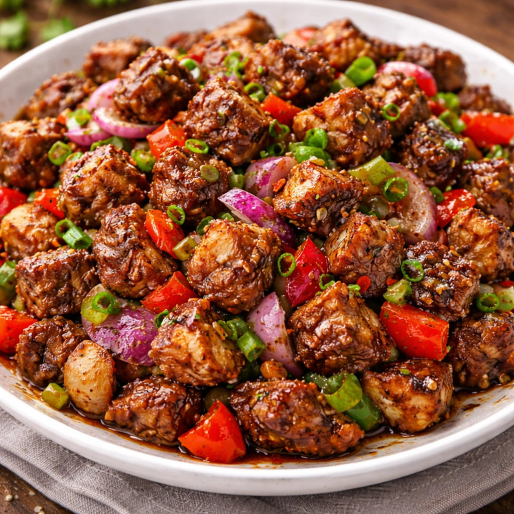 Plated dish of seasoned meat with vegetables on a wooden surface