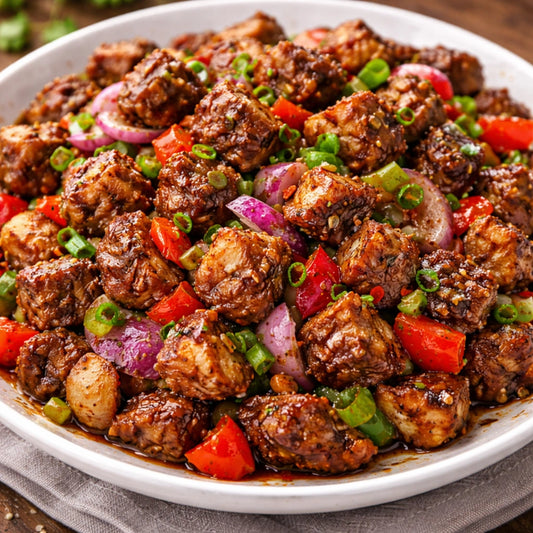 Plated dish of seasoned meat with vegetables on a wooden surface