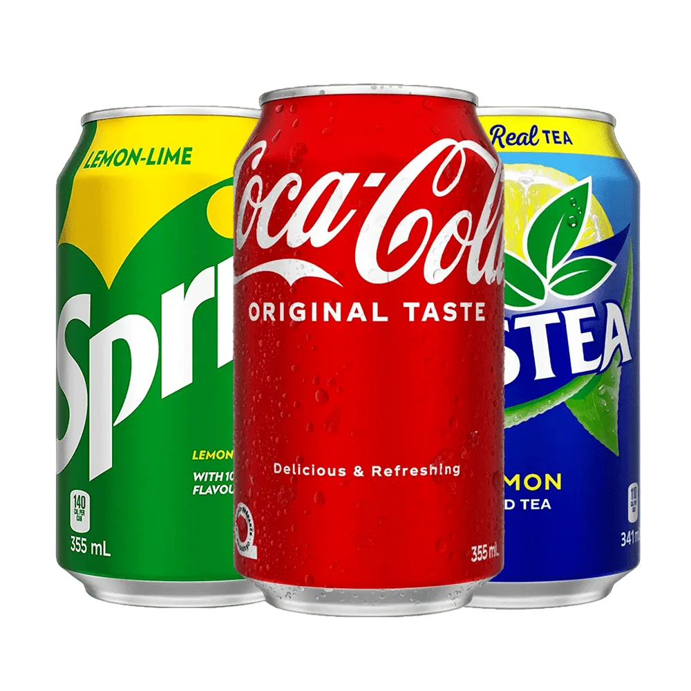 Three soda cans: Coca-Cola, Sprite, and 7Up on a transparent background