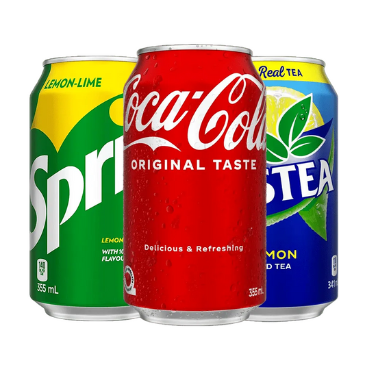Three soda cans: Coca-Cola, Sprite, and 7Up on a transparent background