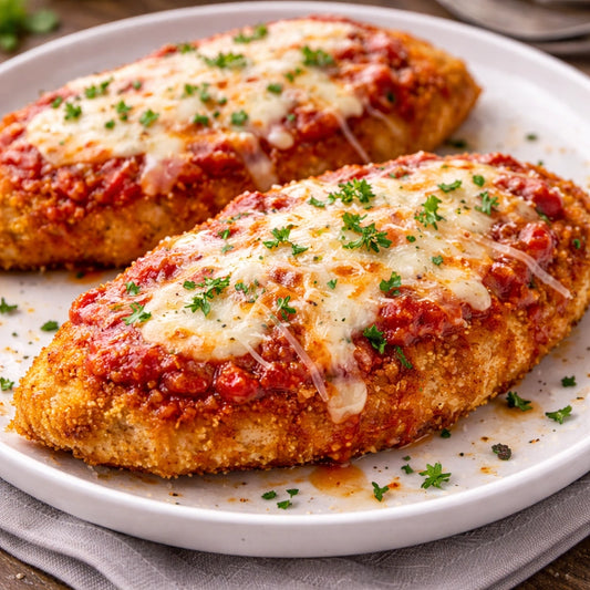chicken parmasean fillets sauced in tomato sauce and cheese