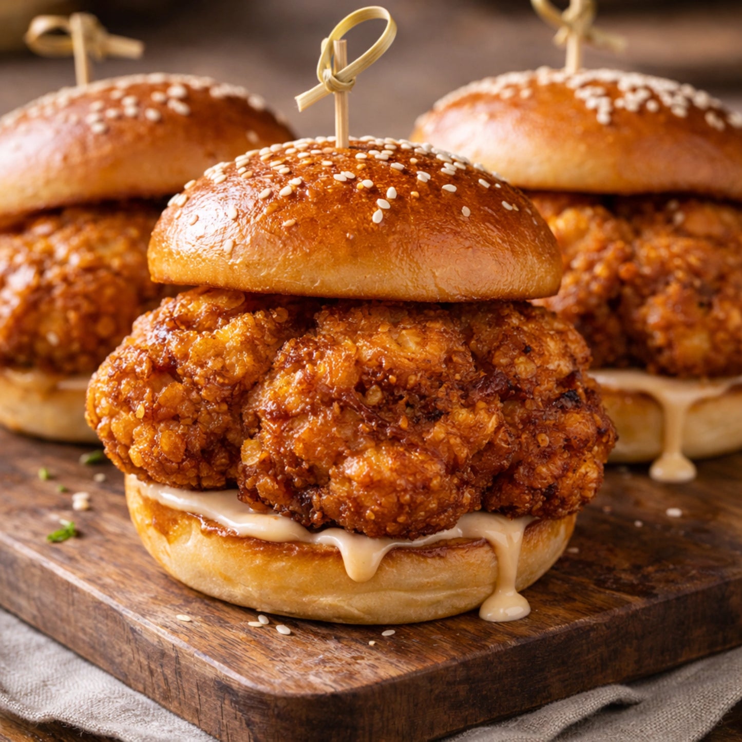 a trio of juicy burger sliders on a rustic wooden board 