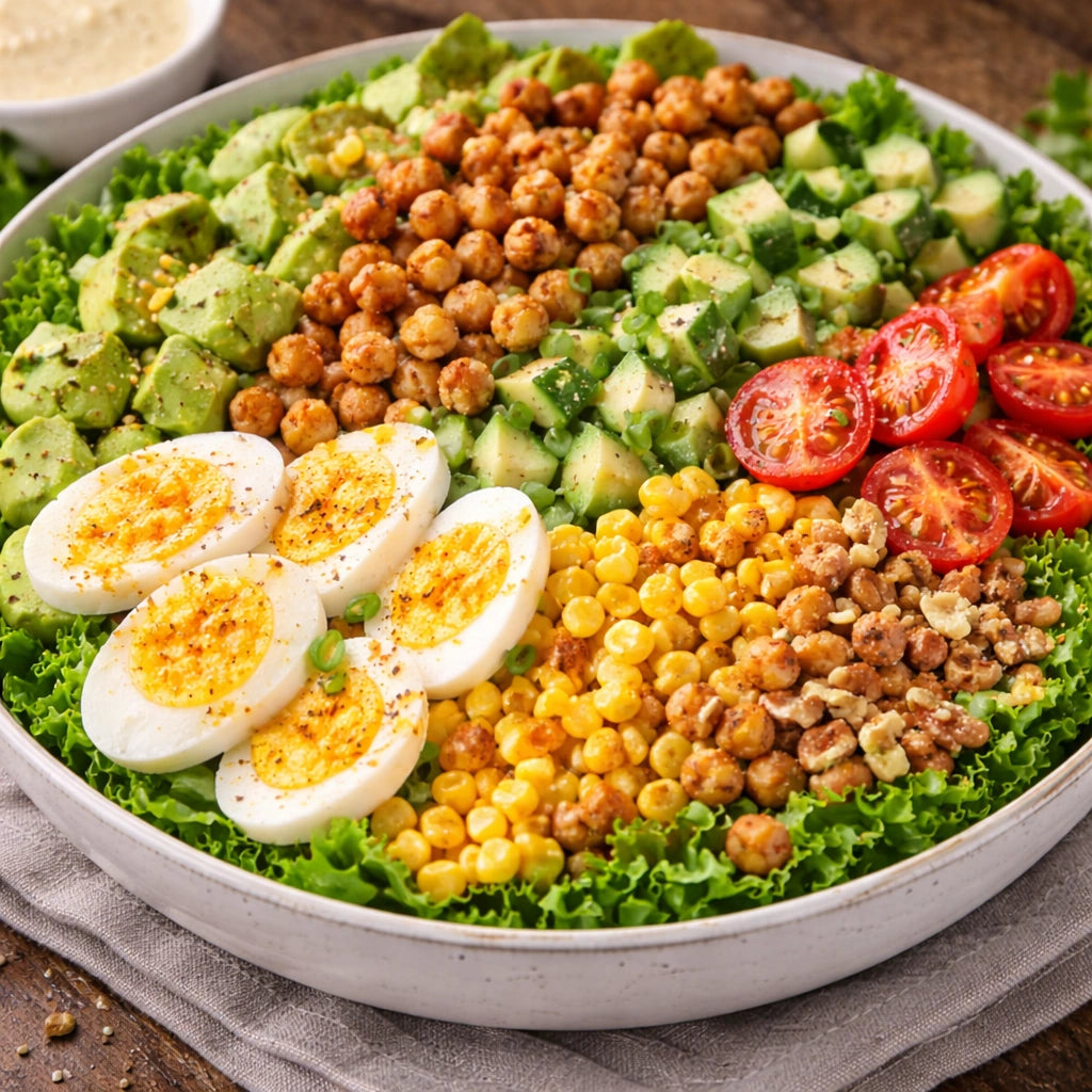 Colorful salad with chickpeas, tomatoes, eggs, and other ingredients in a white bowl.
