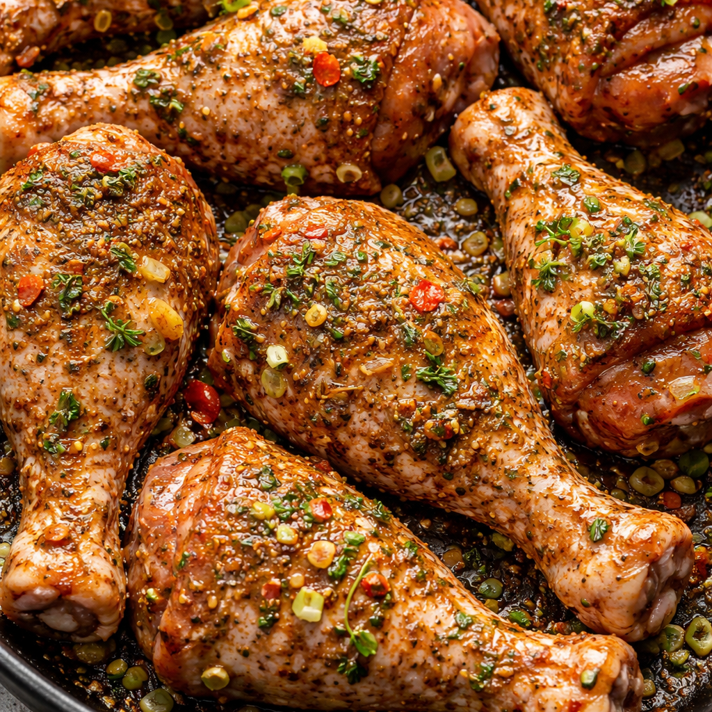Roasted chicken drumsticks with herbs and spices in a pan