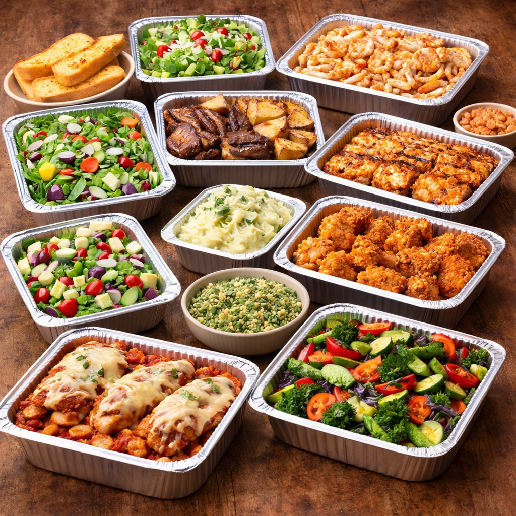 Assorted pre-prepared meals in foil containers on a wooden surface