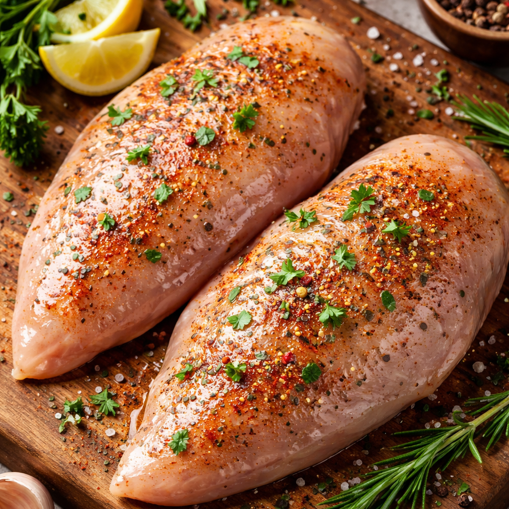 Two seasoned chicken breasts on a wooden cutting board with herbs and lemon slices.