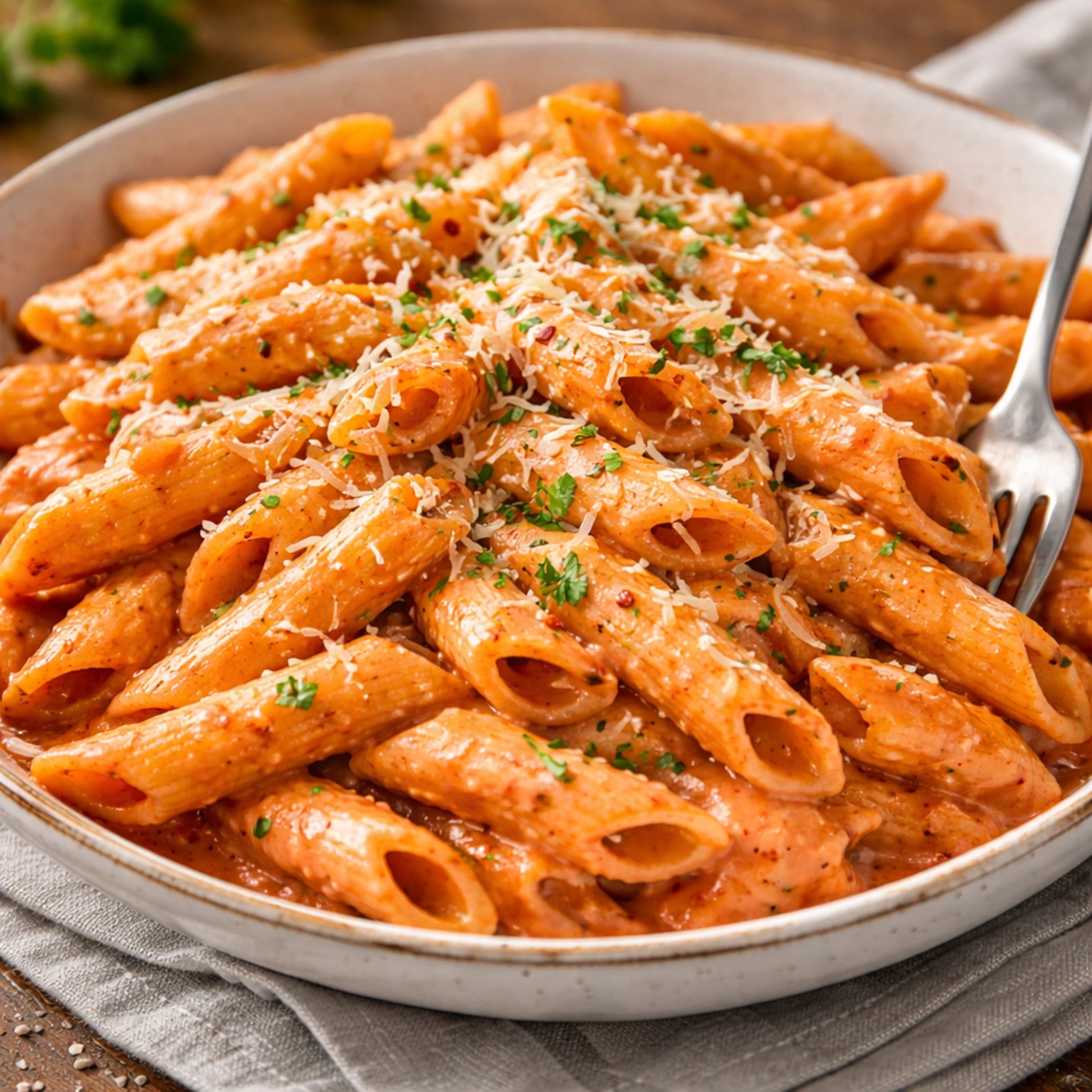 a bowl of rose penne pasta seasoned with cheese