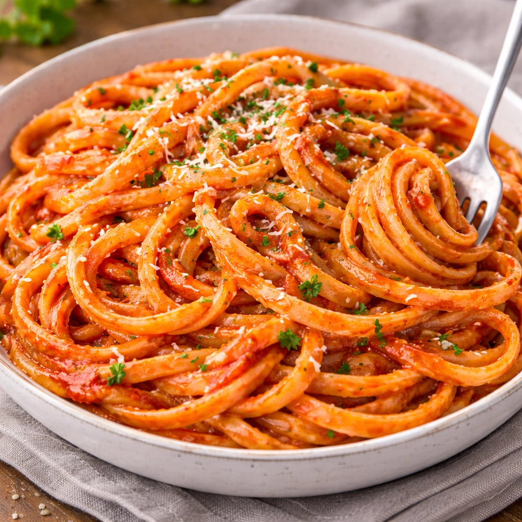 Spaghetti dish with tomato sauce, parmesan cheese, and parsley in a white bowl.