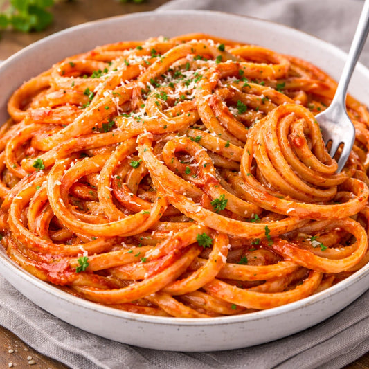 Spaghetti dish with tomato sauce, parmesan cheese, and parsley in a white bowl.