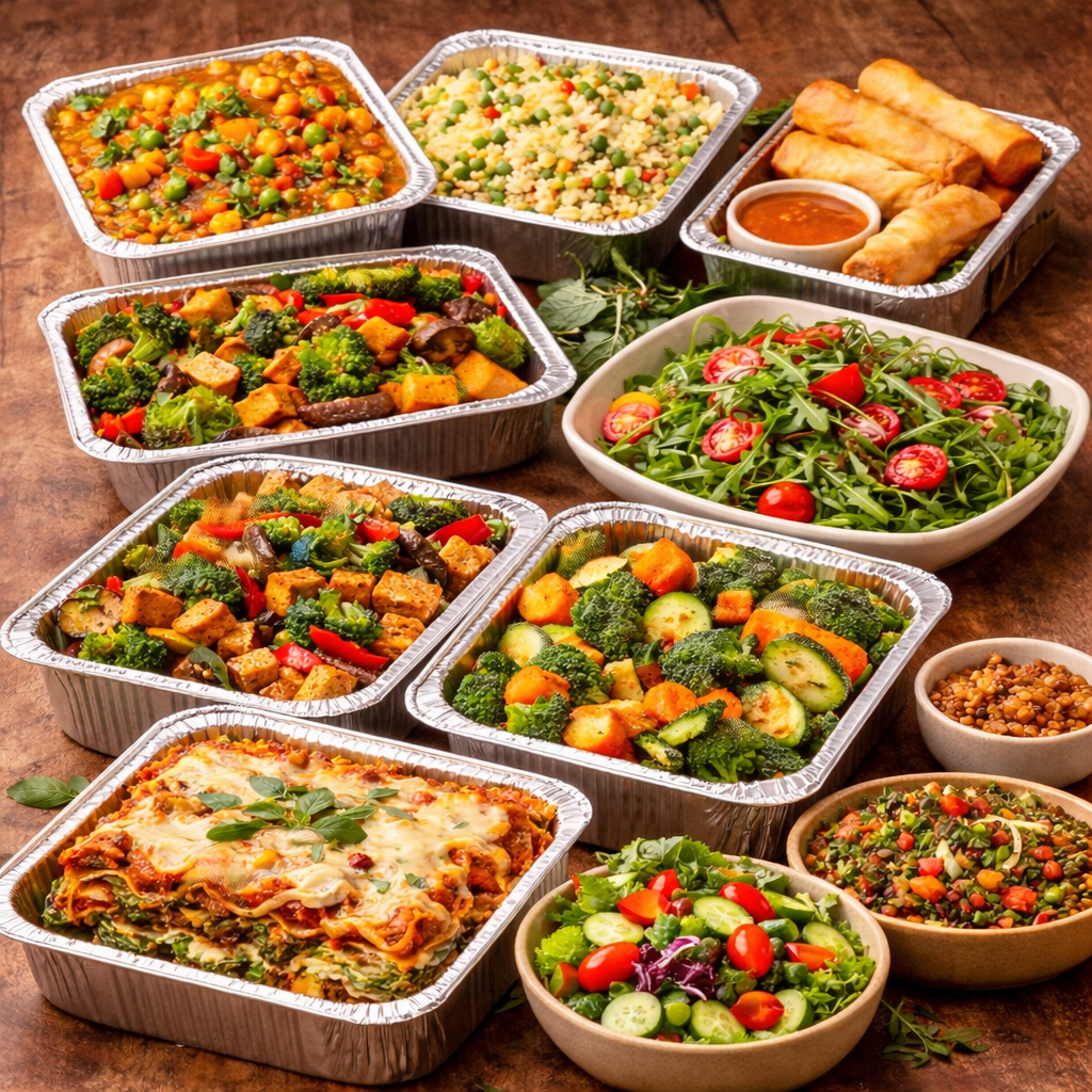 Assorted food dishes including salads, entrees, and side dishes on a wooden surface.