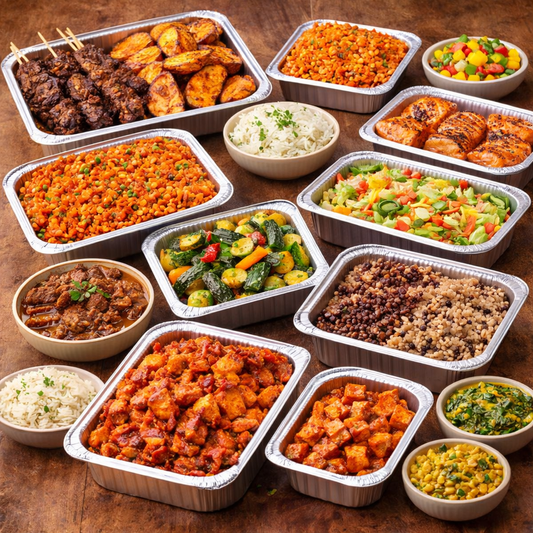 assorted African dishes on a wooden table